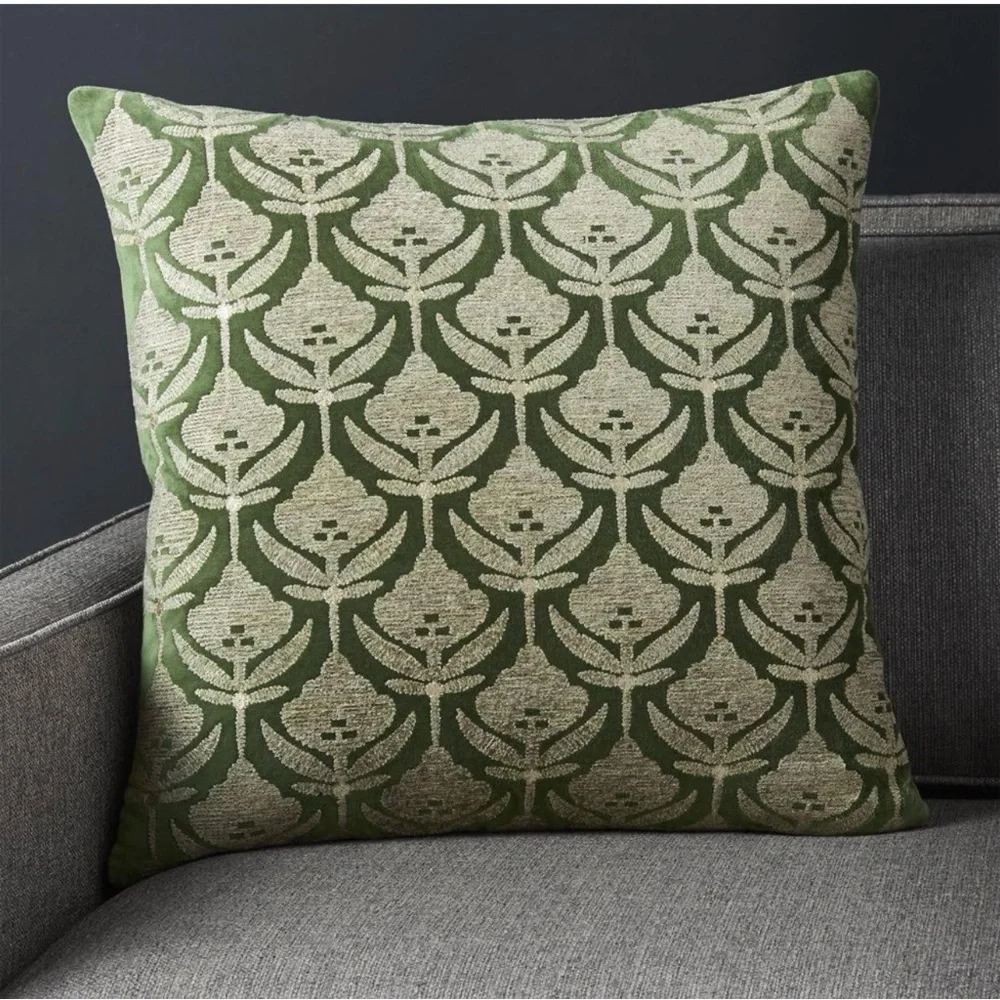 Crate&Barrel Kita Green and Tan Velvet Floral Throw Pillows Set of 2